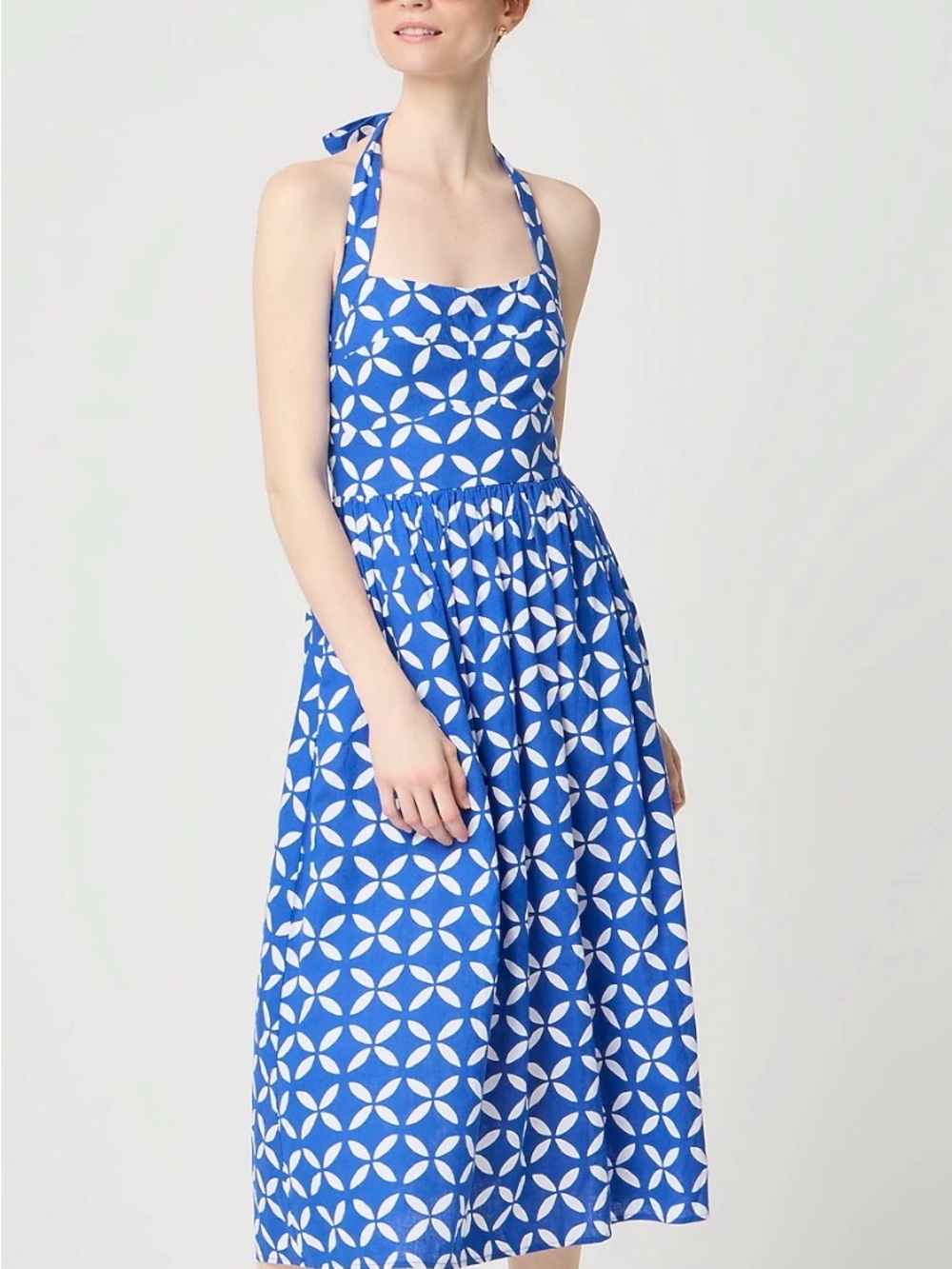 J. Crew Royal Blue Halter Midi Dress with White Geo Motif Sz2 NWT